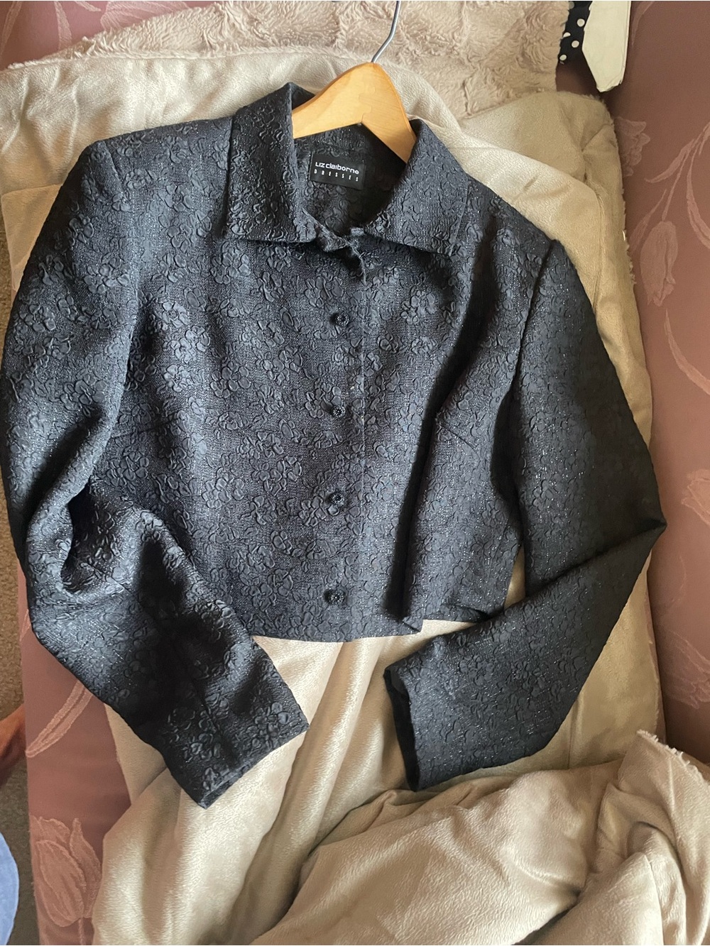 Liz Claiborne Black Cropped Floral Jacquard Blazer